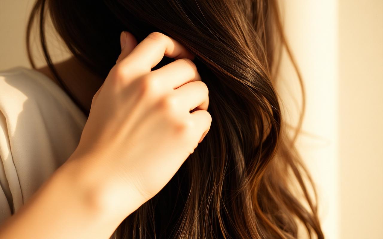 Hand running through long dark hair in warm morning light