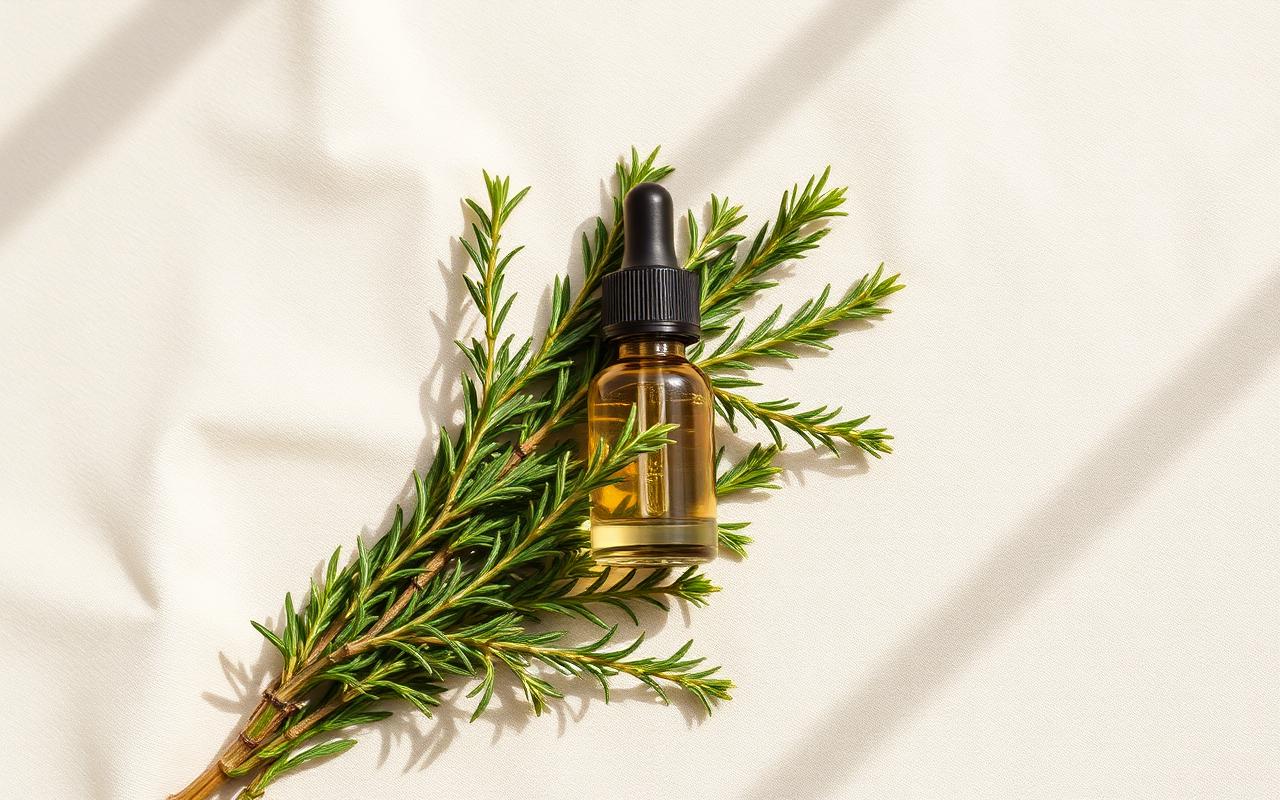 Fresh rosemary sprigs beside a small amber dropper bottle on cream linen